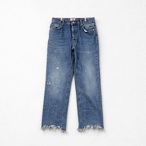 We The Free SZ 26 Buttonfly Raw Hem Distressed Mid Rise Cropped Blue Jeans Denim